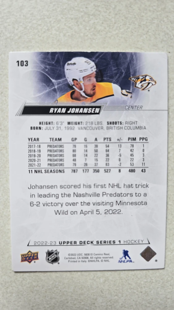 Upper Deck Ryan Johansen Hockey Card 2022-23 Series 1 - photo 2