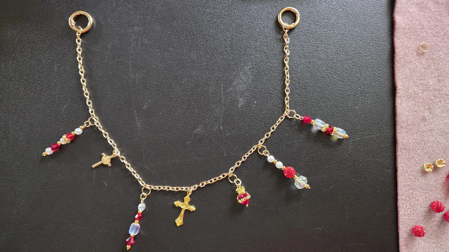 Gold Tone Charm Chain with Crosses and Beads