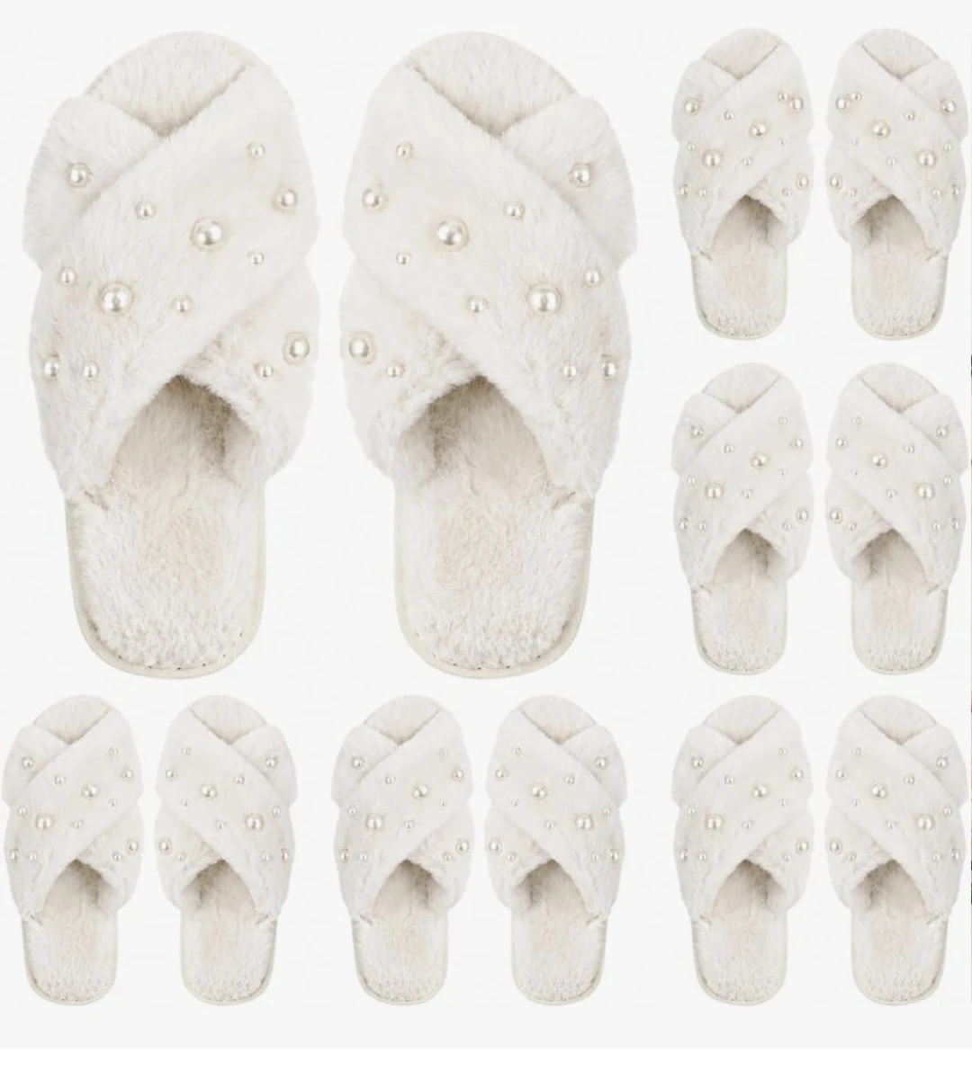 Fuzzy Pearl Cross Band Slippers - White