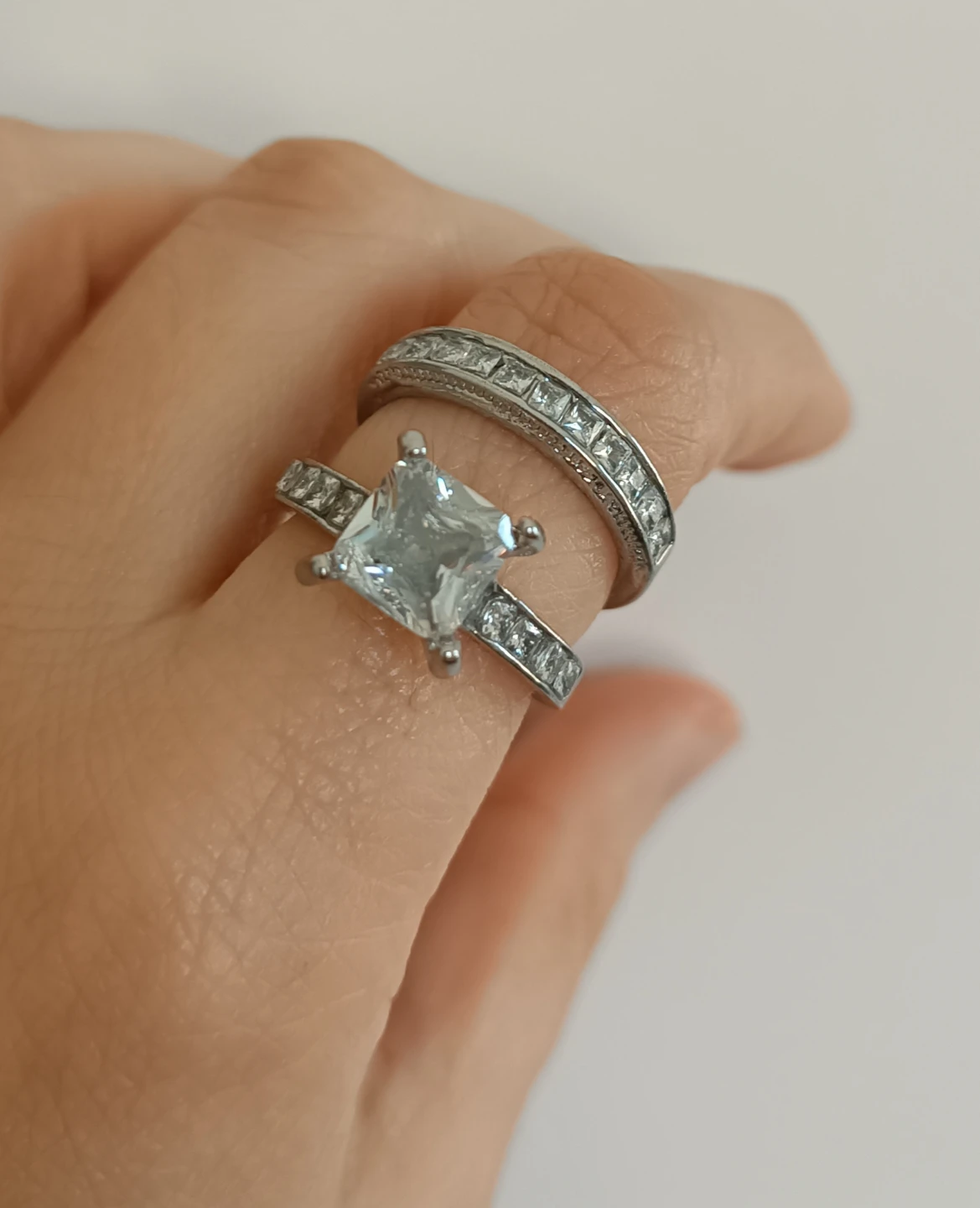 S925 Princess Cut Engagement Ring Set with Band, size 7 & 8