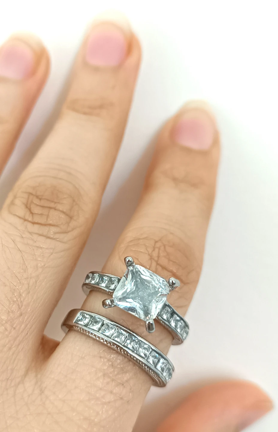 S925 Princess Cut Engagement Ring Set with Band, size 7 & 8 - photo 3