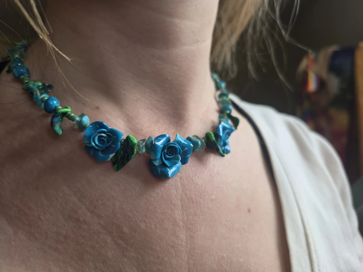 Handmade Blue Rose Beaded Necklace (broken clasp)