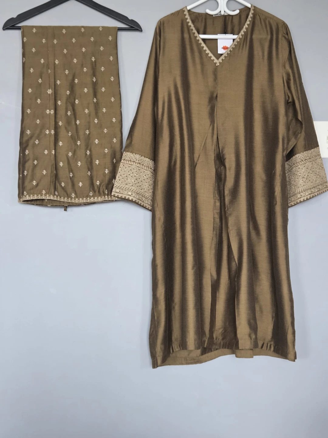 Women's Brown Silk Embroidered Kurti and Pants Set