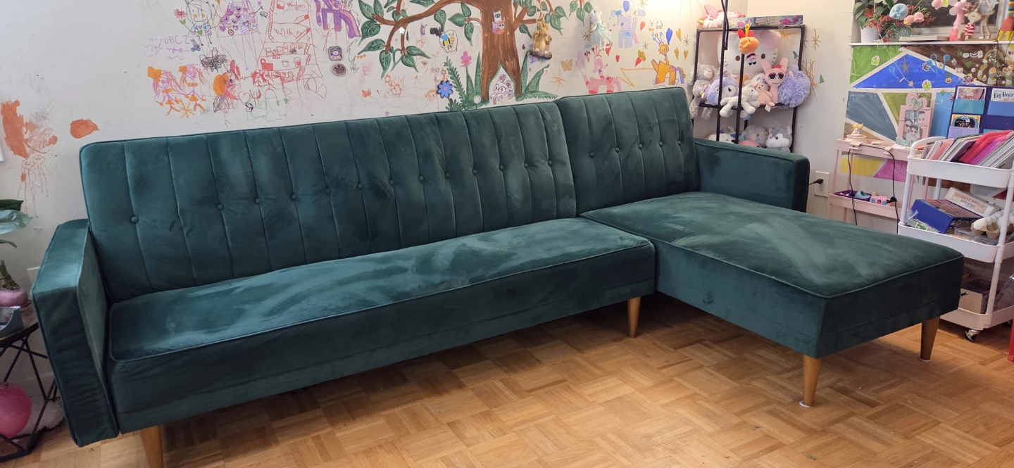 Deep Green Velvet Sectional Sofa bed with Chaise