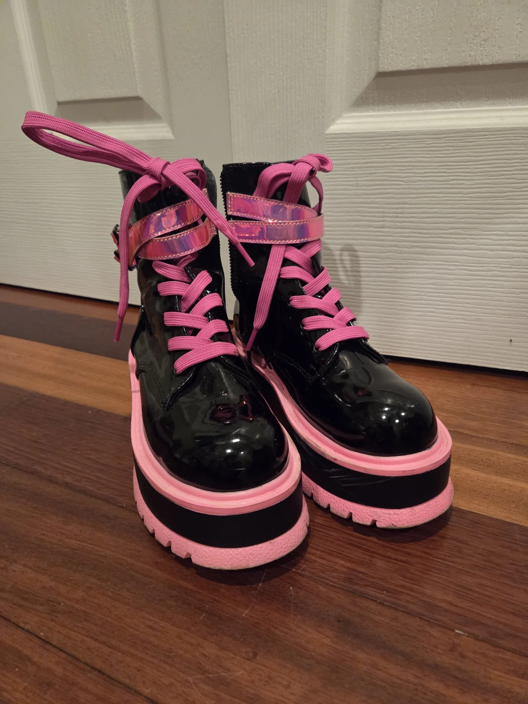 Black Platform Combat Boots with Pink Laces