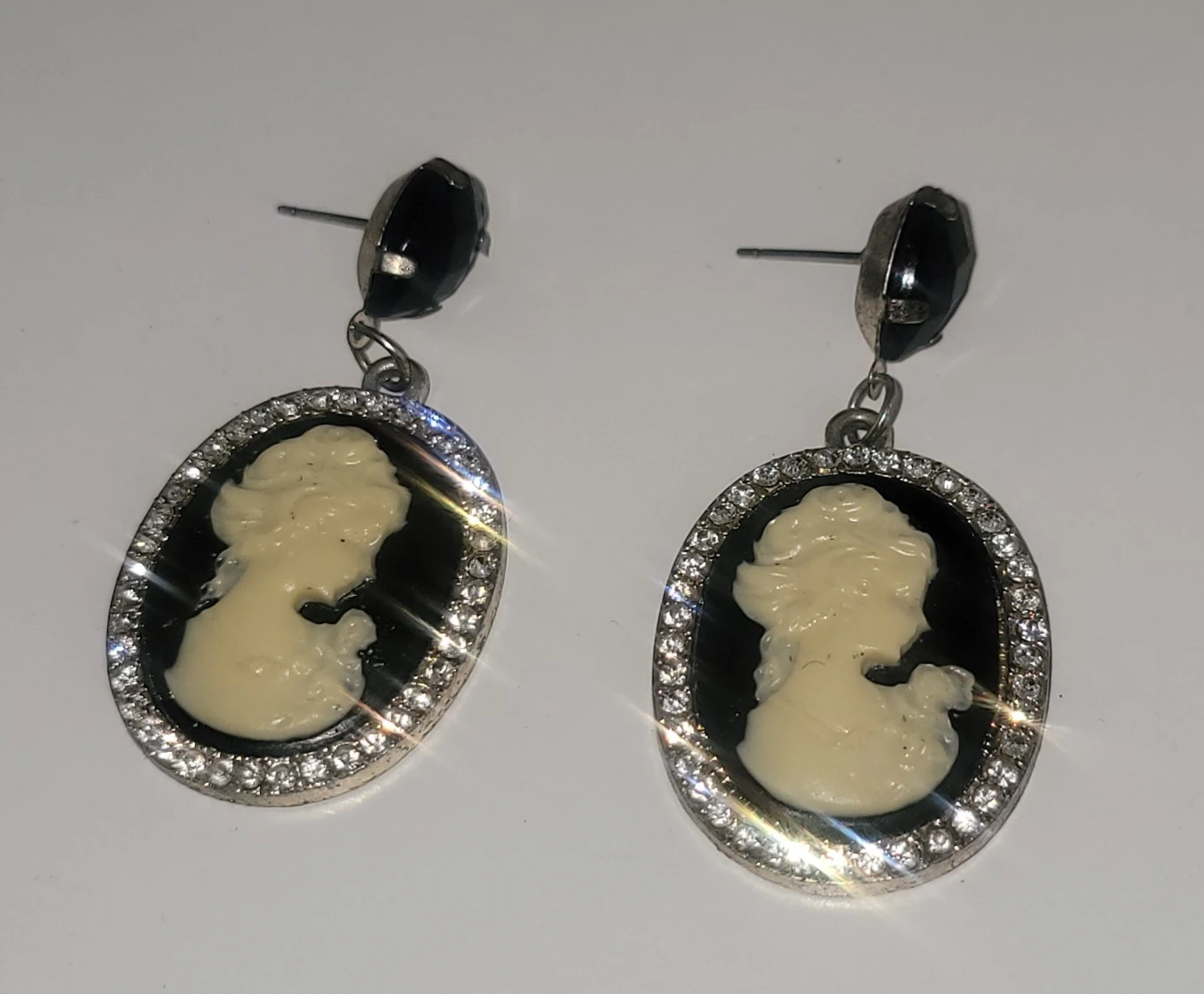 Cameo Dangle Earrings with Rhinestone Border