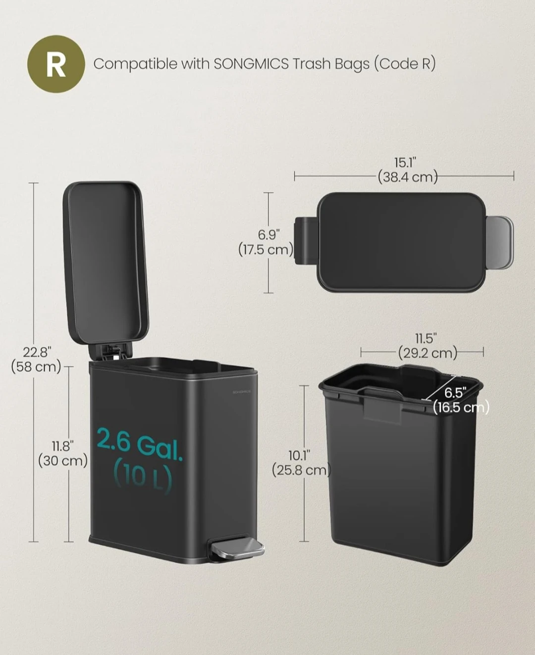 SONGMICS 2.6 Gallon Black Step Trash Can - photo 5
