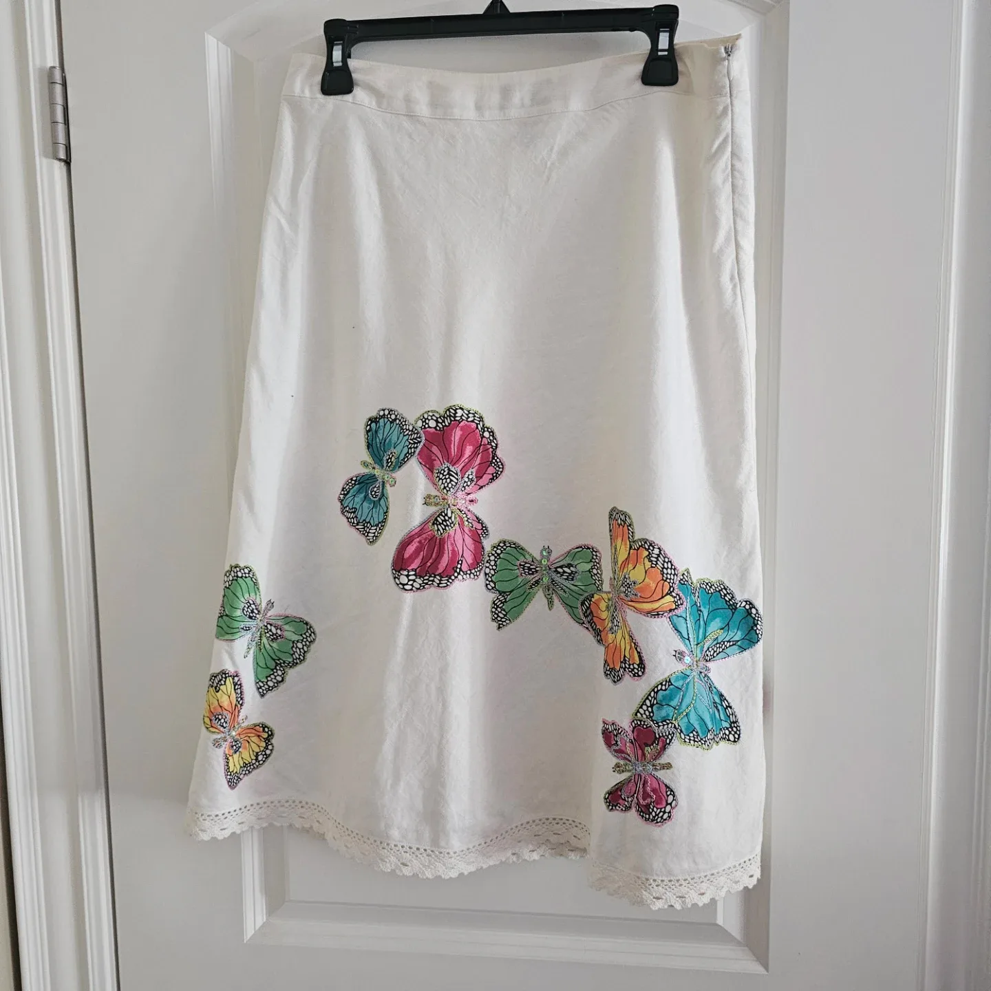 White Butterfly Print A-Line Skirt with Lace Trim
