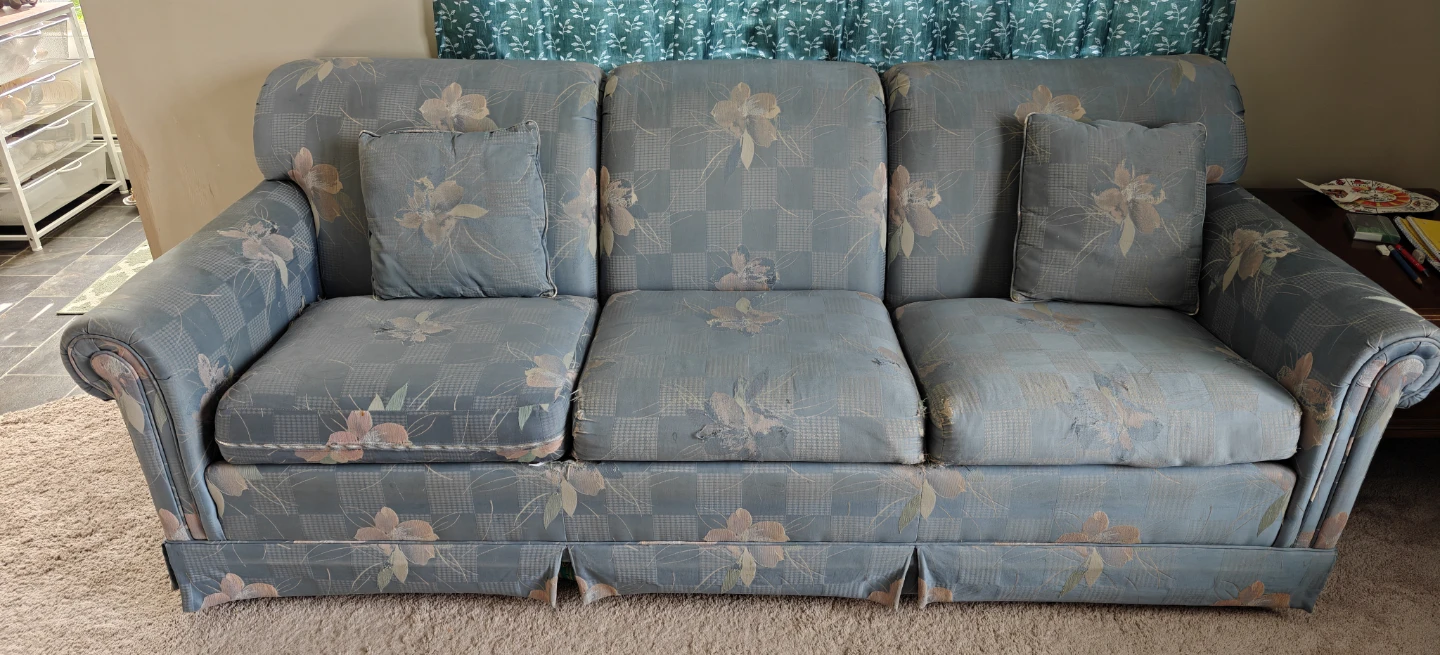 Blue Floral Pattern Sofa with Pillows - photo 3