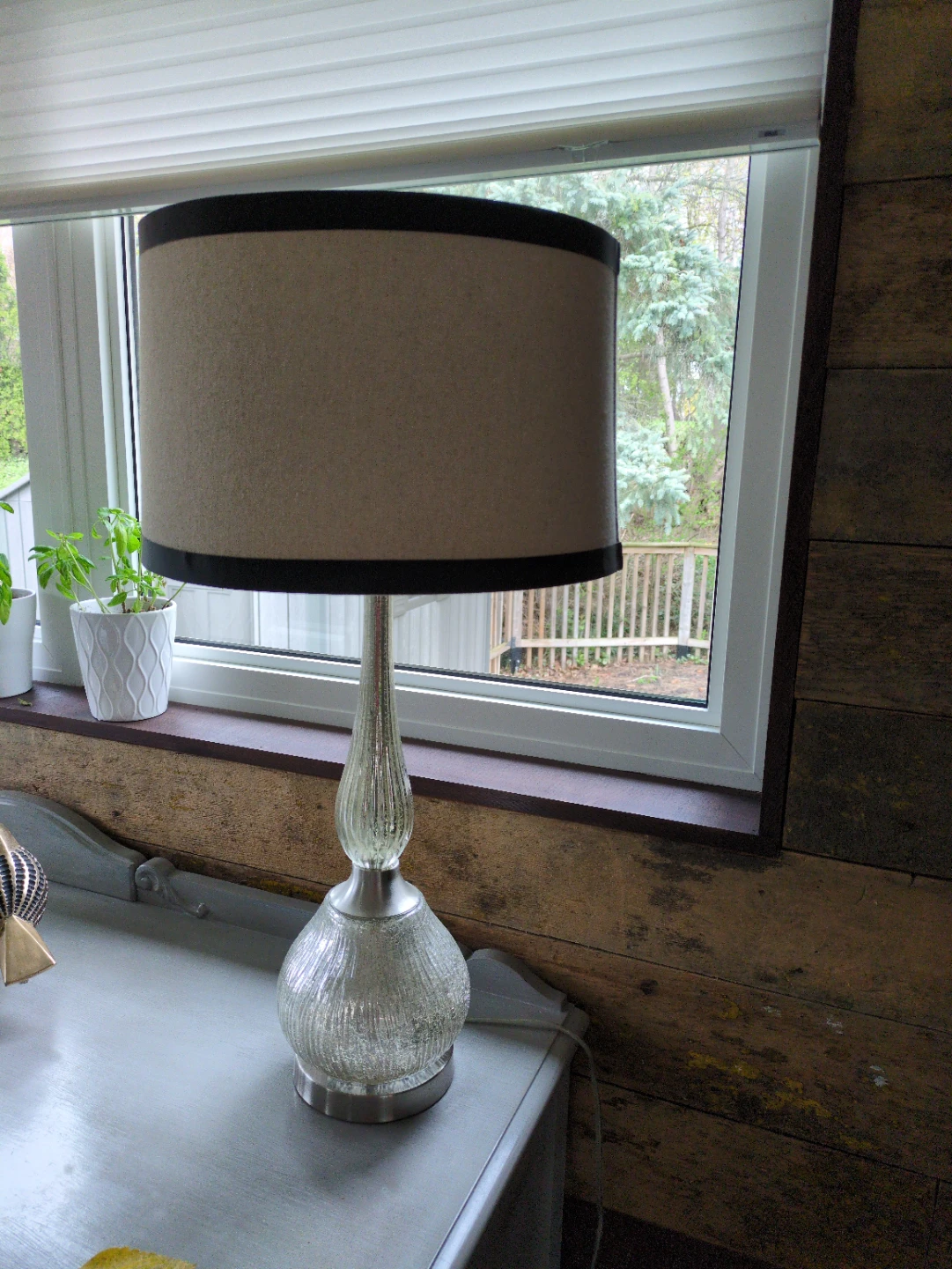 Clear Glass Accent Table Lamp with Beige Shade