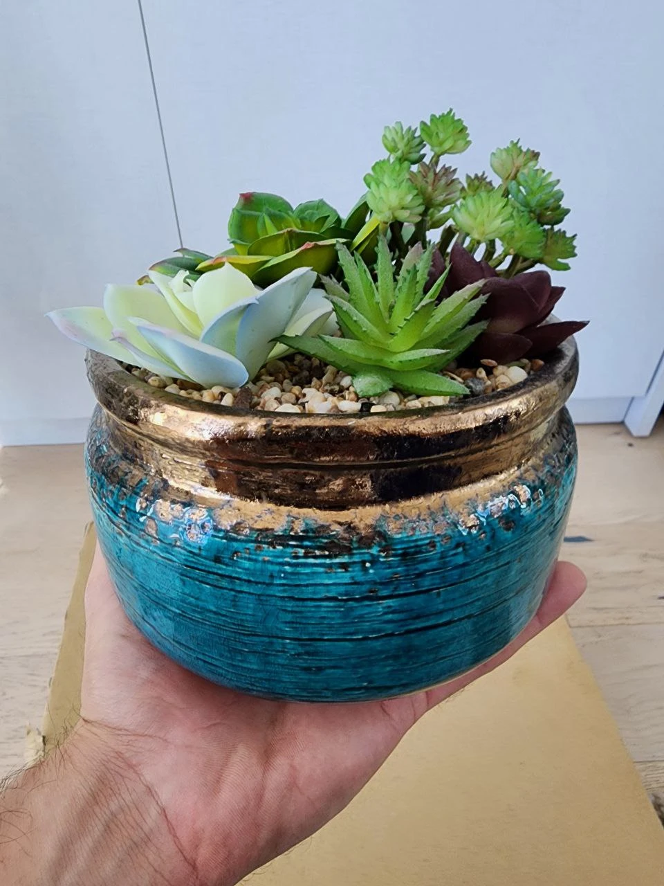 Faux Succulent Arrangement in Teal and Gold Pot - photo 3