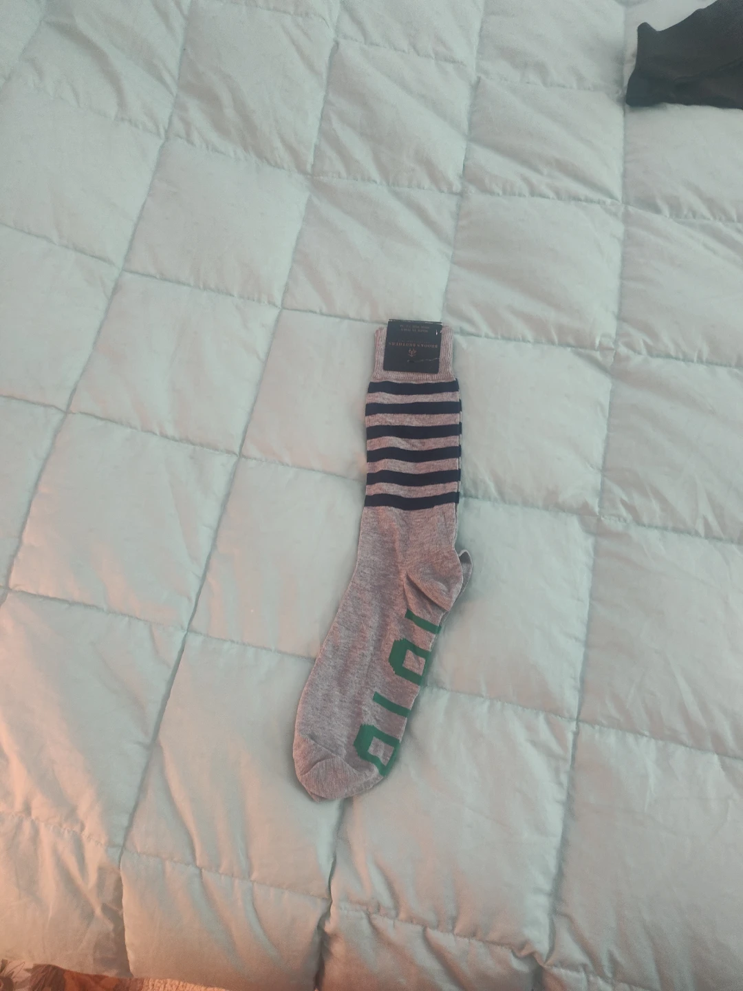 Gray striped socks with green 1818 graphic