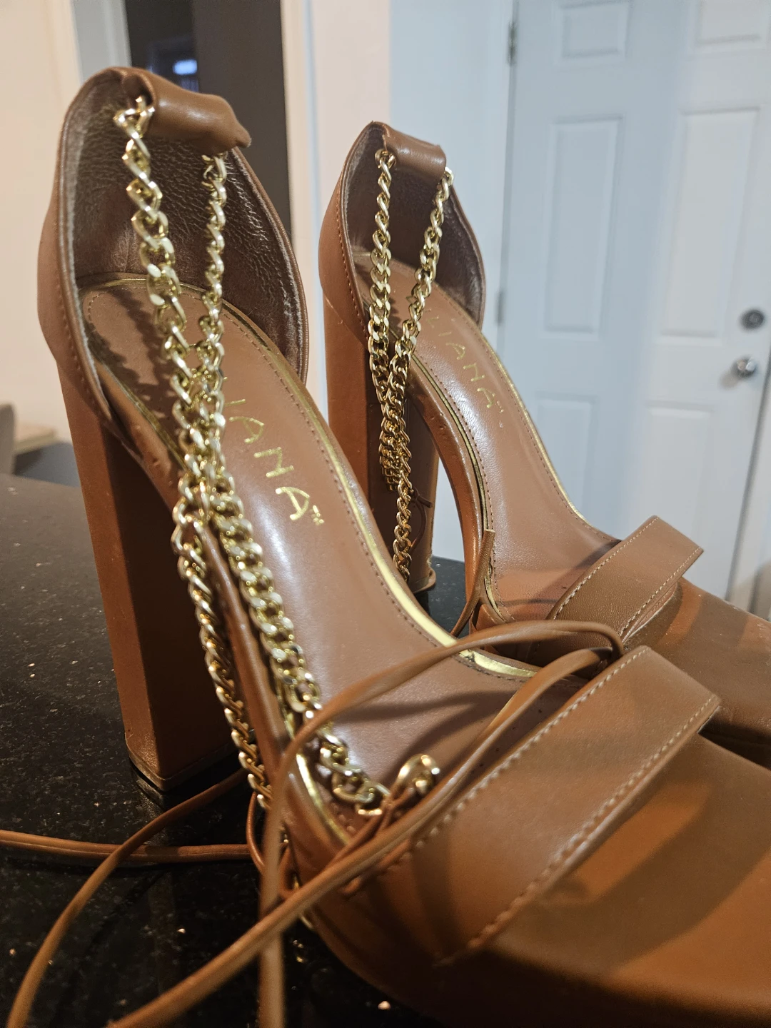 Liliana Women's Tan Heeled Sandals with Gold Chain Detail