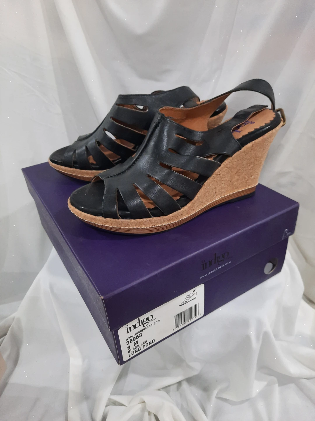 Indigo by Clarks Black Leather Wedge Sandals Size 8