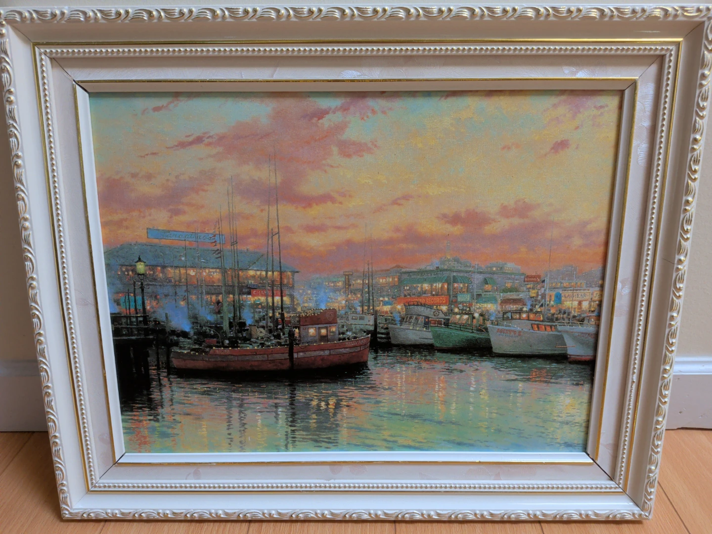 Framed Seascape Painting with Boats at Sunset