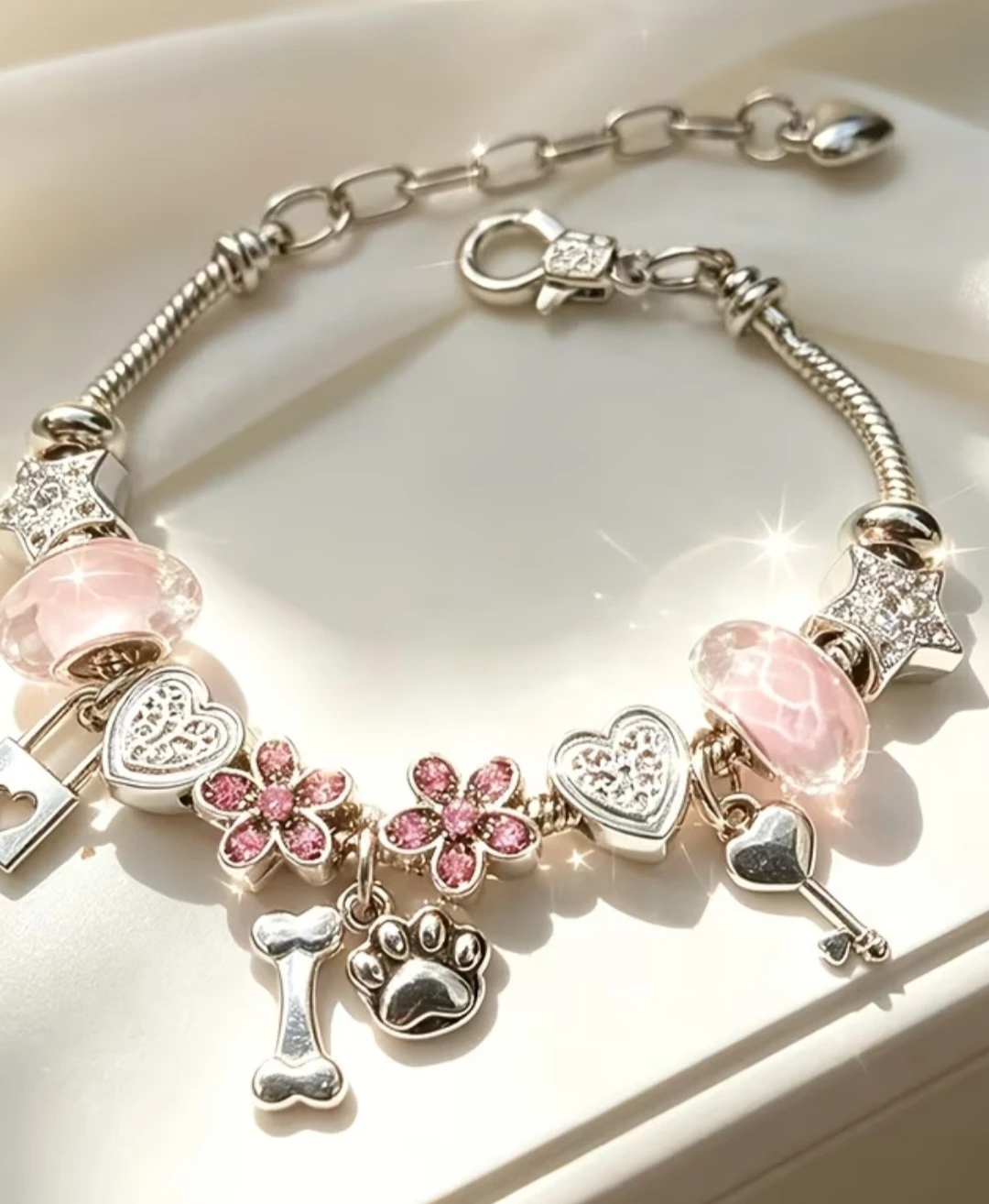 Pandora Style Charm Bracelet with Dog Paw and Heart Charms - photo 2
