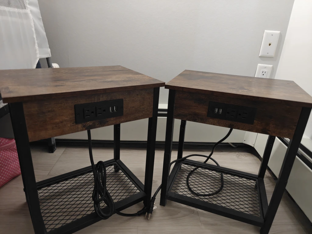 Set of 2 Industrial Wood End Tables with Charging Station - photo 2