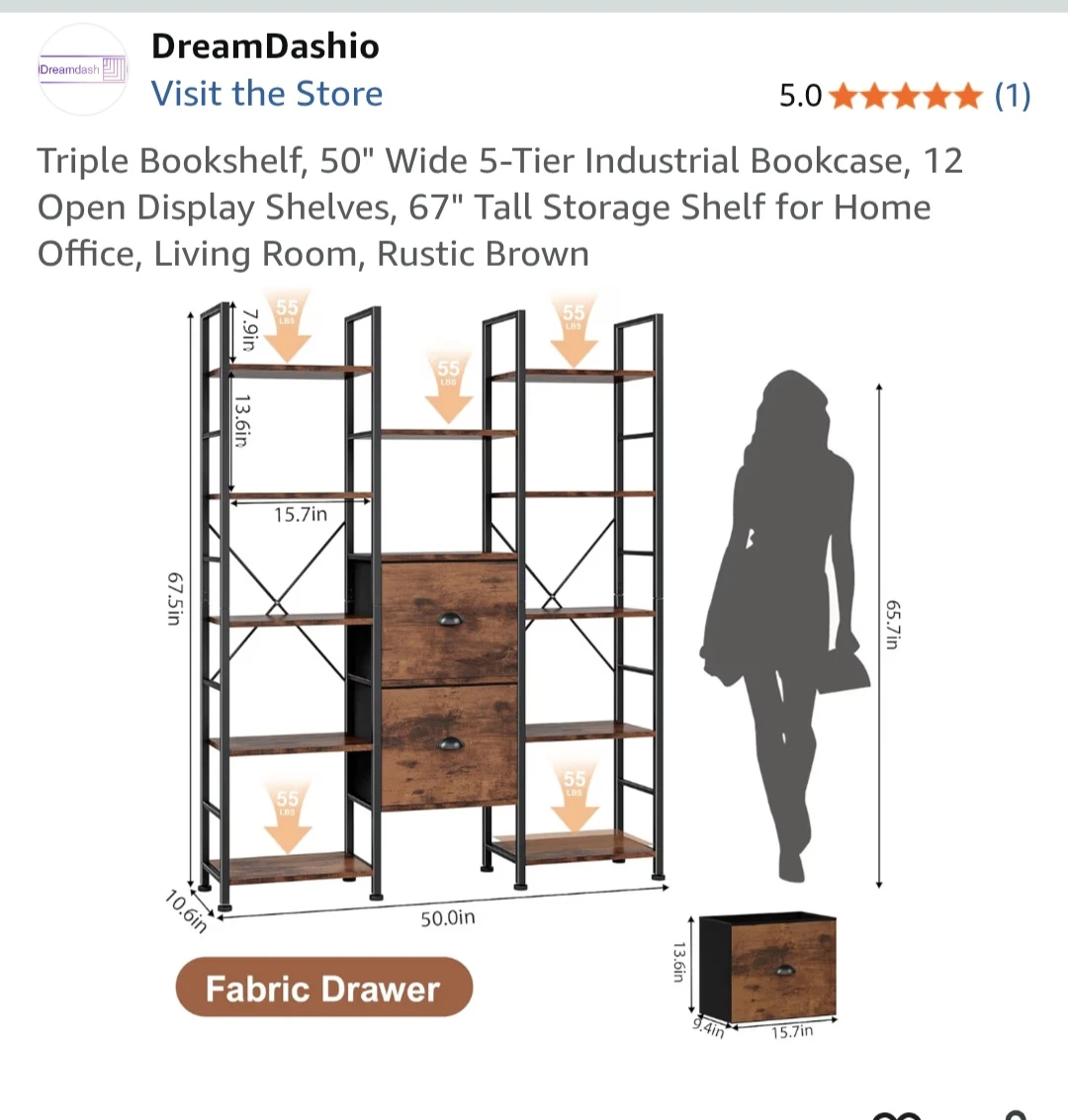 DreamDashio Bookshelf - 50" Wide 5-Tier Industrial Bookcase - photo 2
