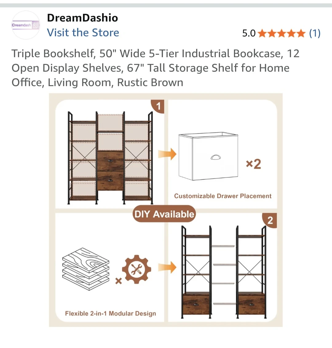 DreamDashio Bookshelf - 50" Wide 5-Tier Industrial Bookcase - photo 3