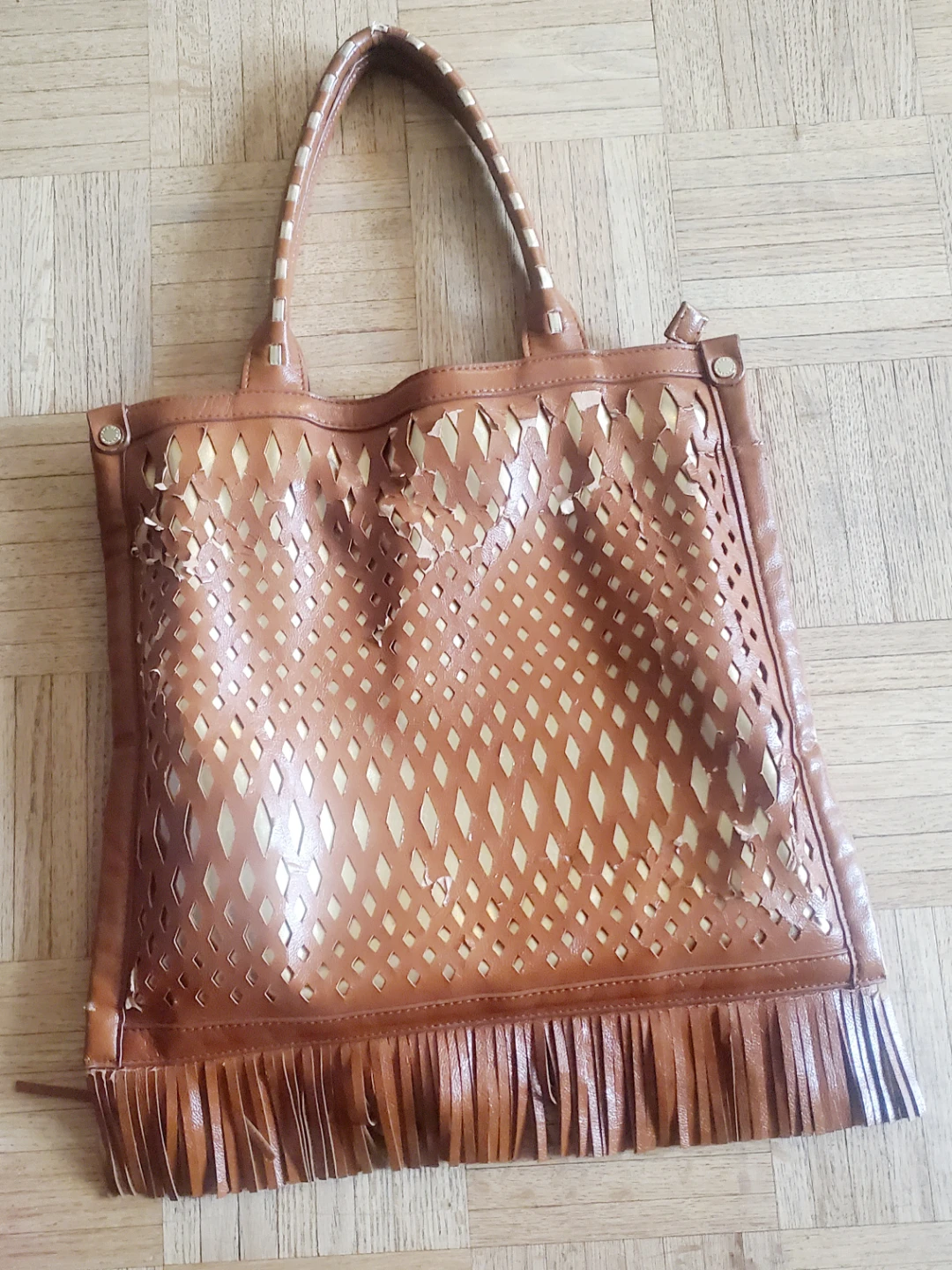 Brown Faux Leather Tote Bag with Fringe and Studs - photo 2