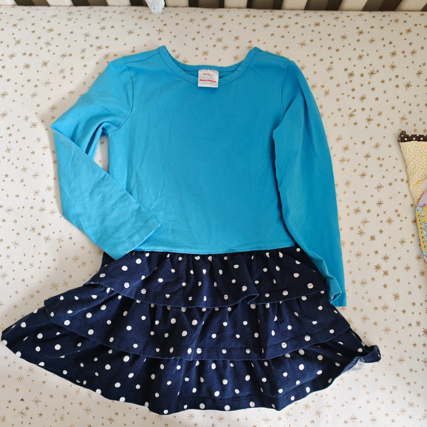 Hanna Andersson Blue Long Sleeve Dress with Navy Polka Dot Skirt - photo 2