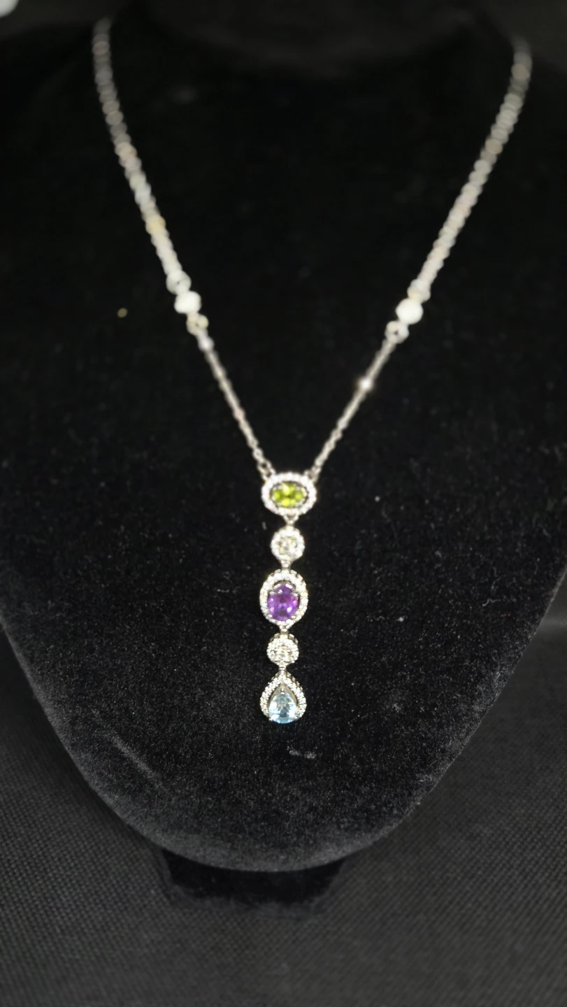 S925 Sterling Silver Multi Gemstone Dangle Necklace - photo 2
