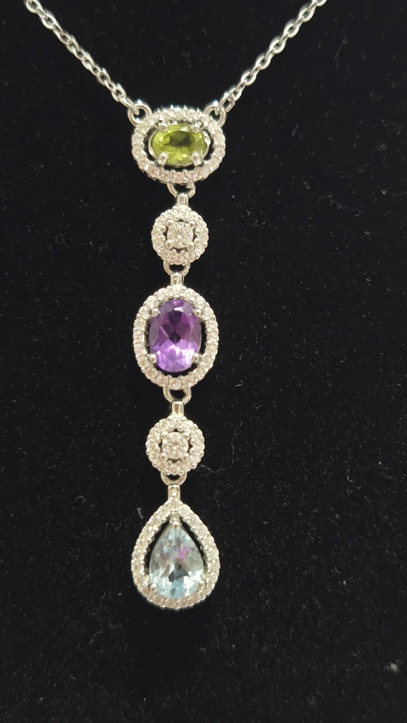 S925 Sterling Silver Multi Gemstone Dangle Necklace - photo 4