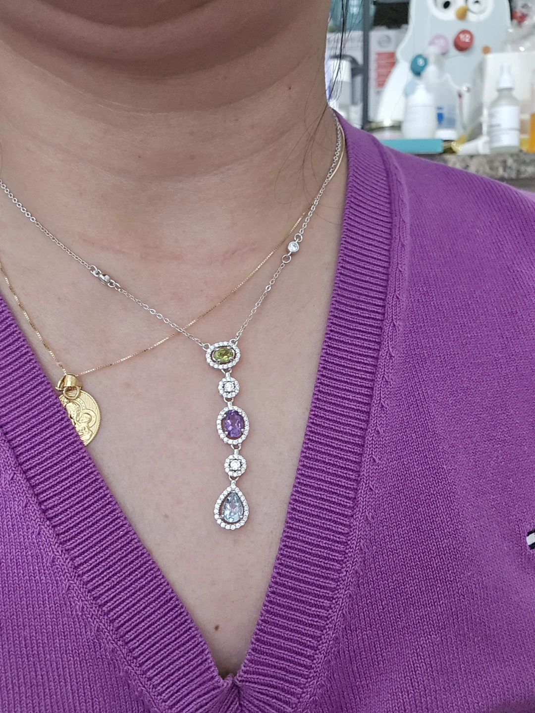 S925 Sterling Silver Multi Gemstone Dangle Necklace - photo 5