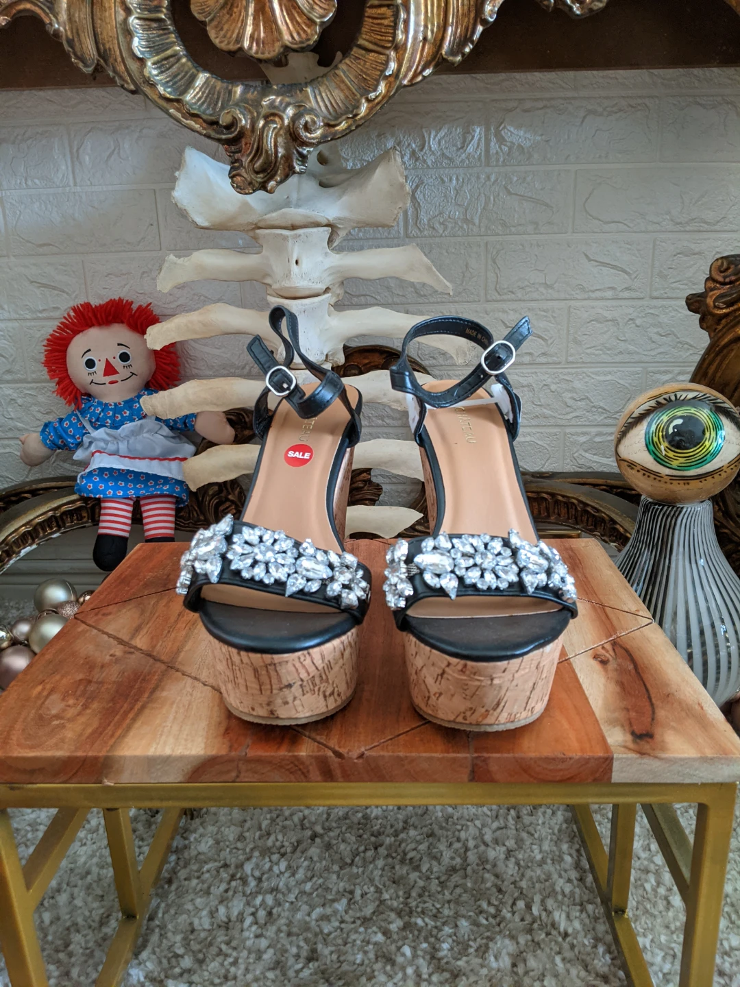 Le Château Black Embellished Wedge Sandals