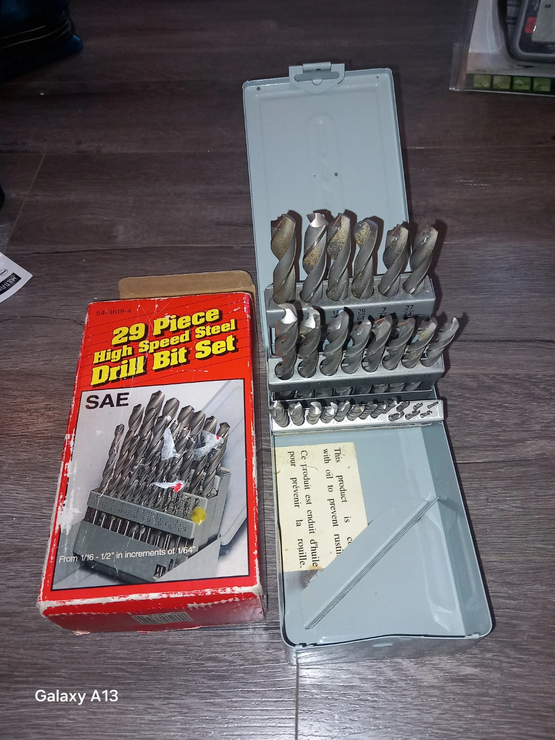 29-piece High Speed Steel (HSS) SAE drill bit set in a metal