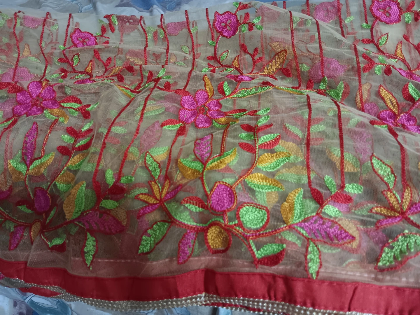 Embroidered Net Fabric with Floral Design dupata scarf