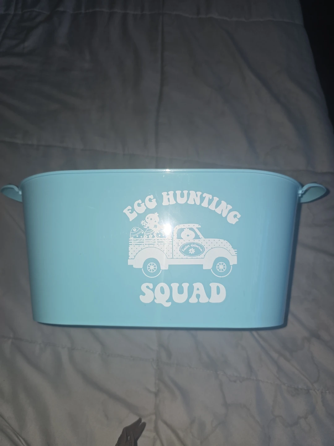 Light Blue Easter Egg Hunting Squad Tin Bucket
