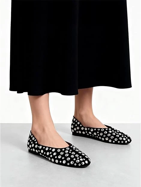 Studded Ballet Flats - Black, Size 7
