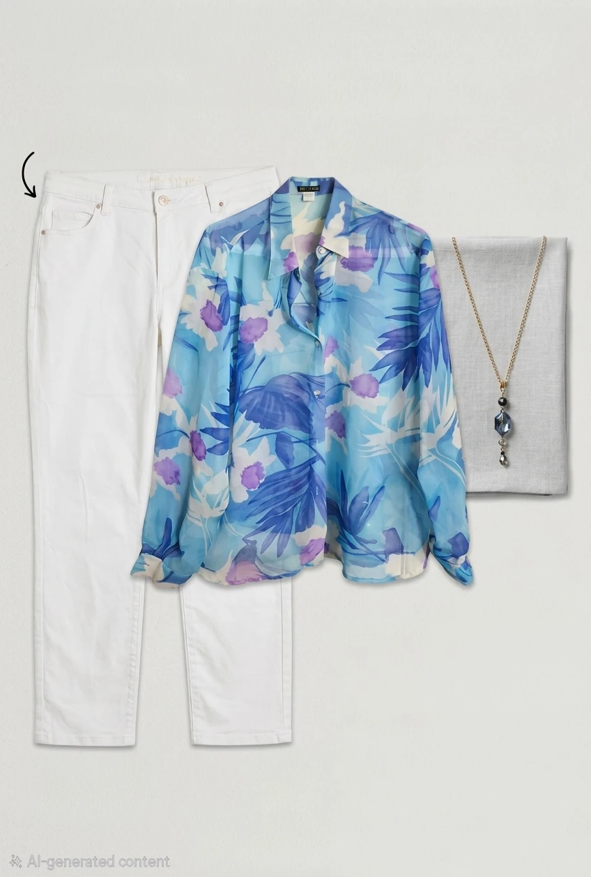 Blue Floral Chiffon Blouse pants and necklace @ other listing