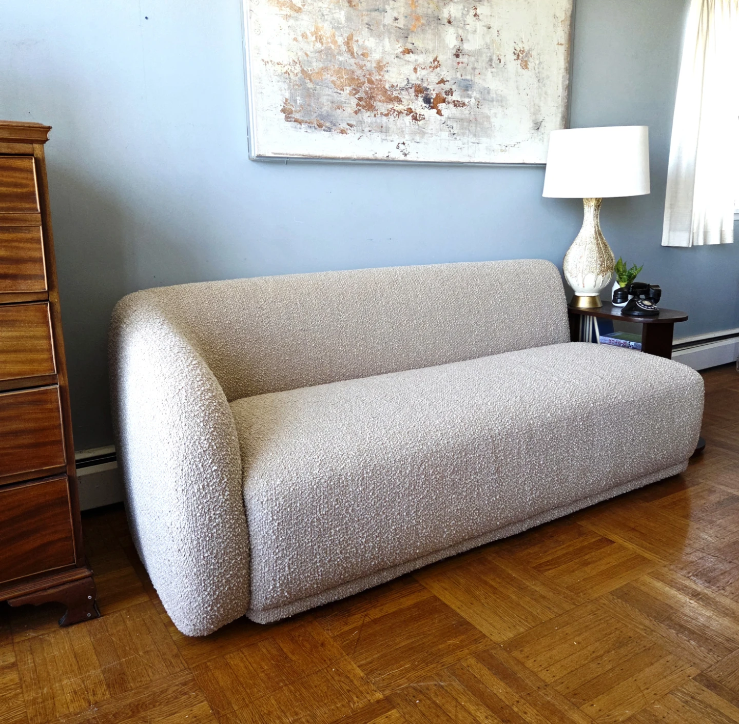Brand new "Faye" beige bouclè fabric sofa