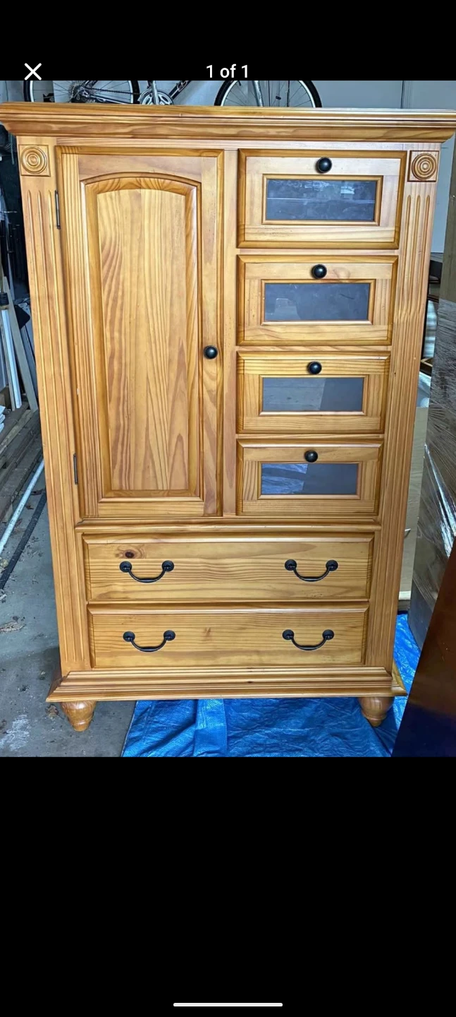 Wooden Armoire with Drawers and Glass-Front Cabinets