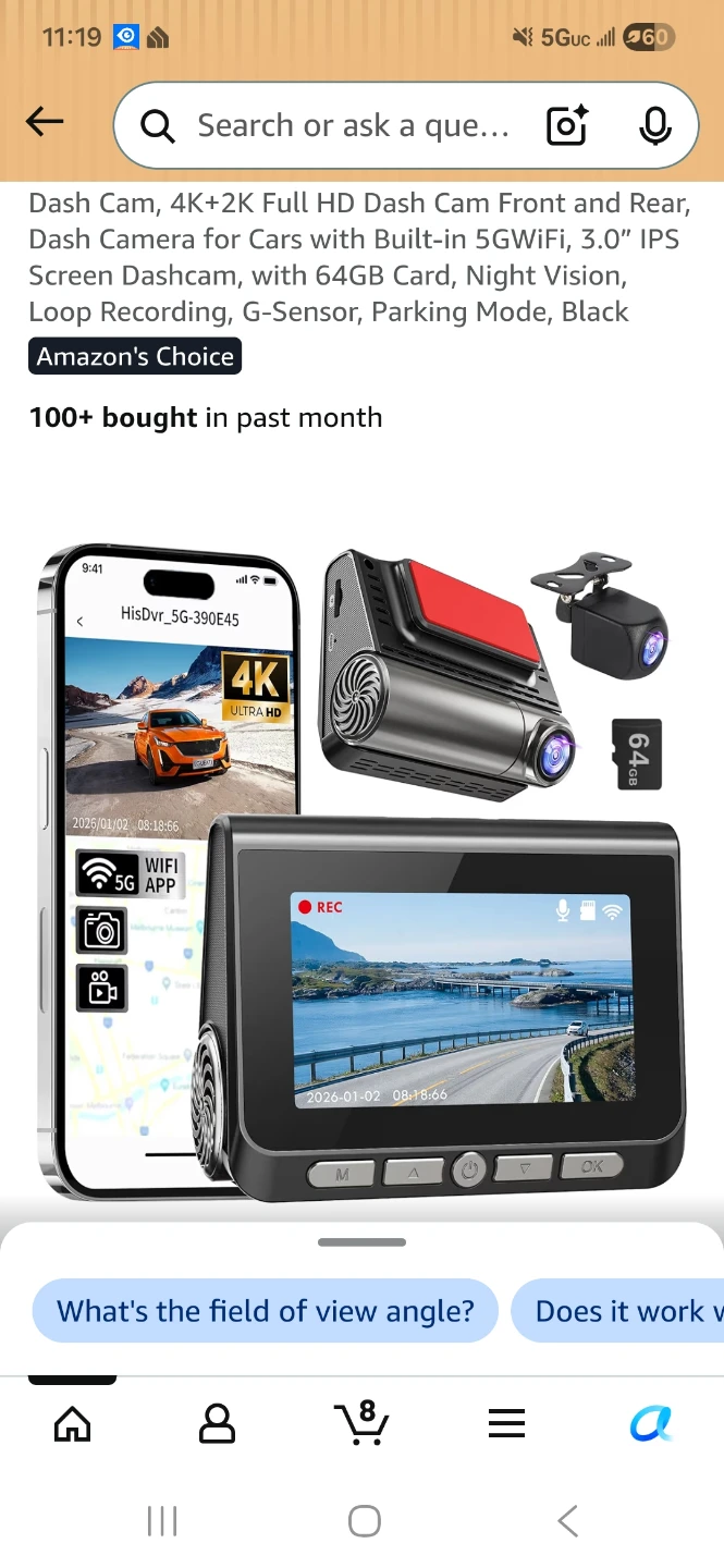 4K+2K Front and Rear Dash Cam with 64GB Card, WiFi, Night Vision