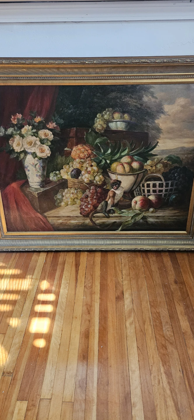 Vintage Still Life Oil Painting with Monkey and Fruit - photo 2