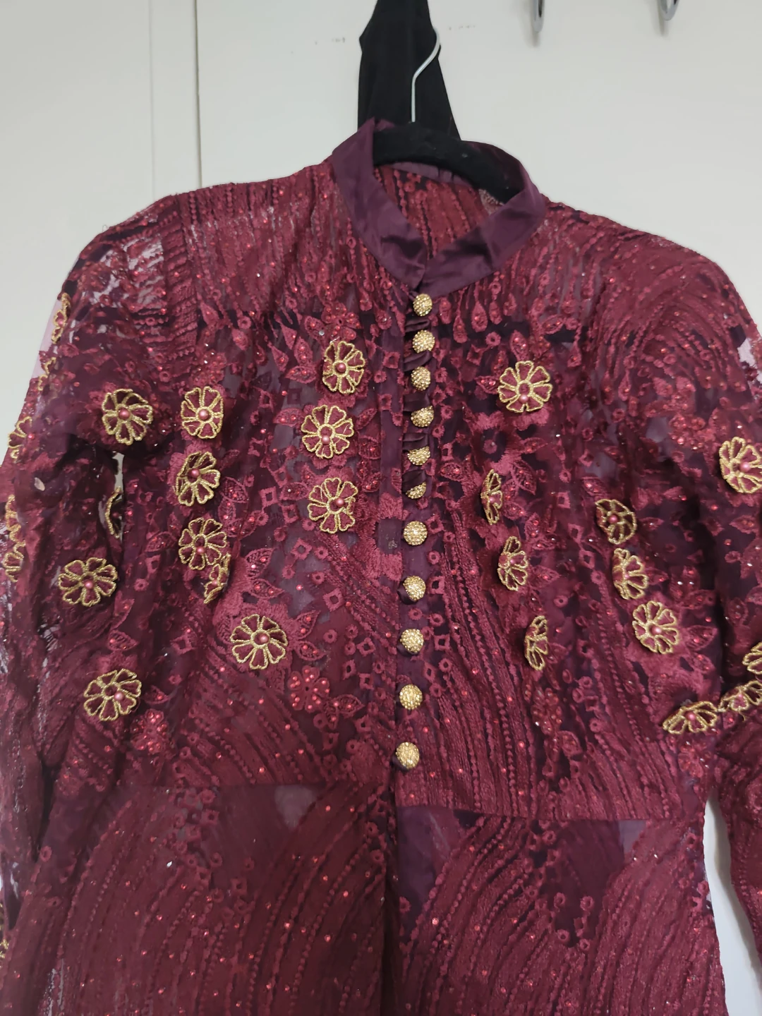 Burgundy Lace Dress with Gold Flower Embellishments - photo 3