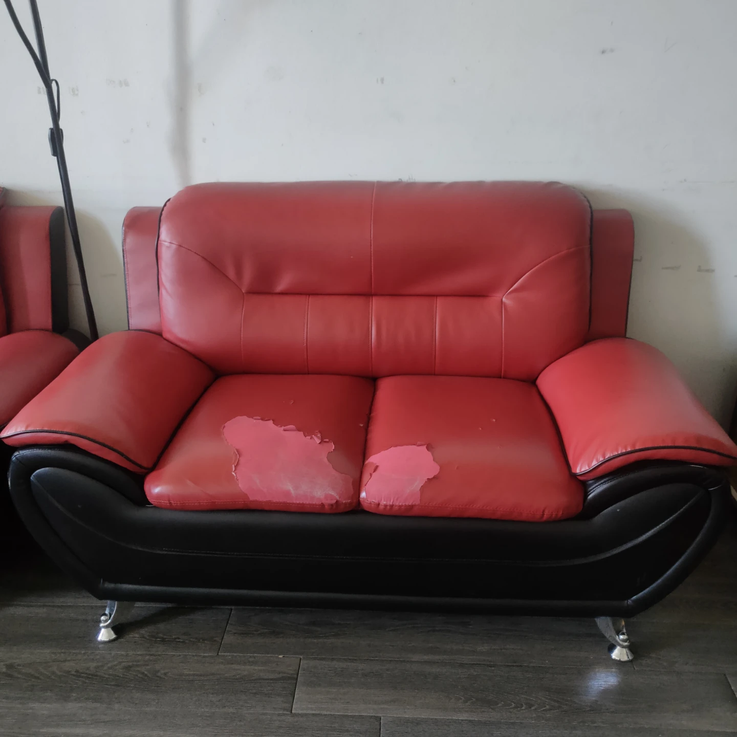 Red Faux Leather Loveseat - Worn Seats