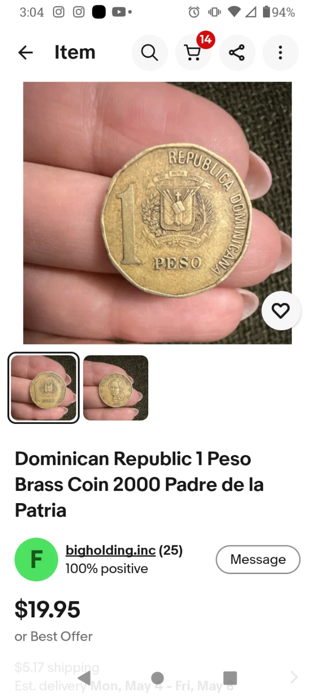 Rare"Dominican Republic"1 Peso Coin Keychain 2002 - photo 3