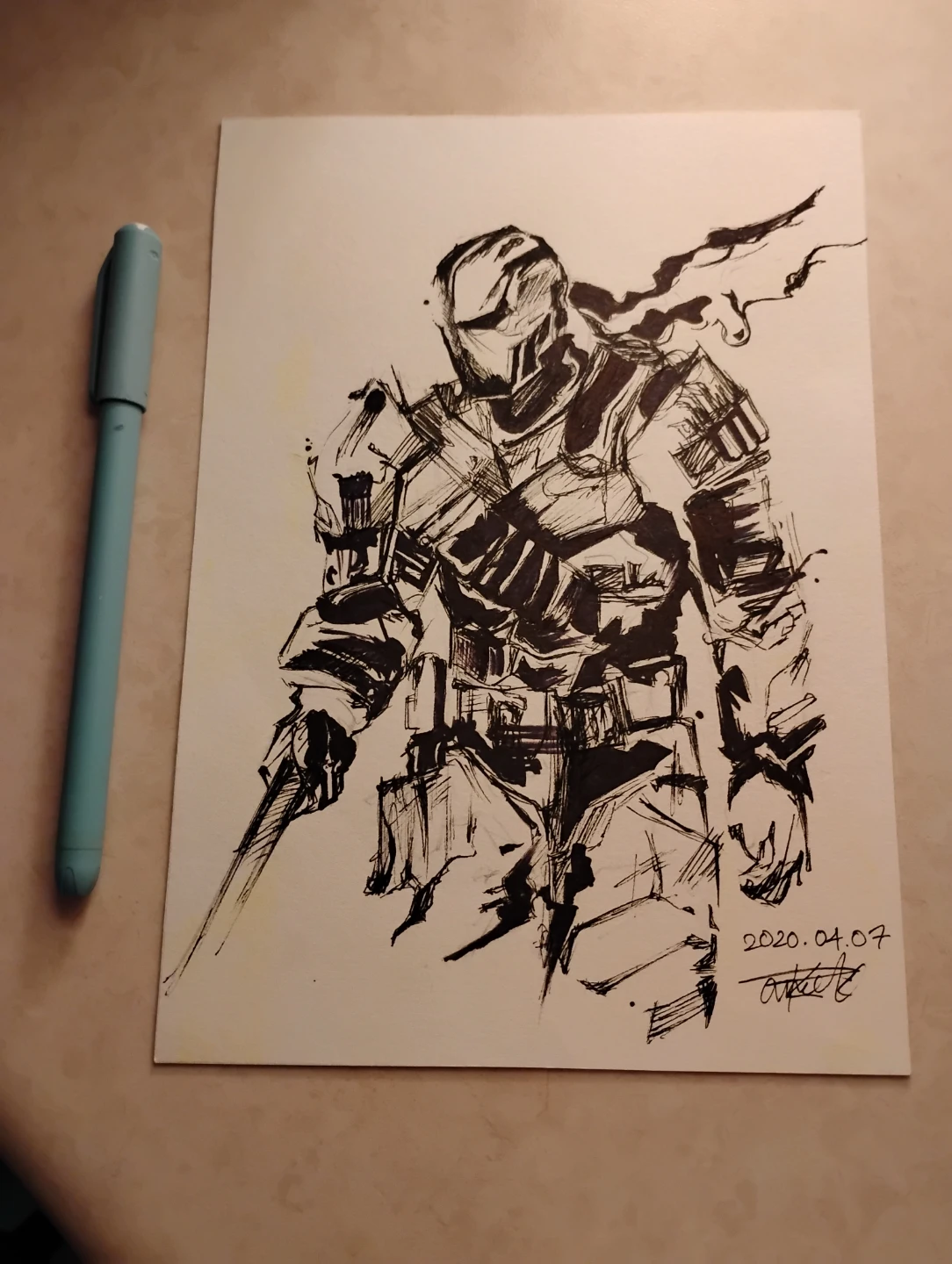 Ink drawing of a sci-fi warrior with sword