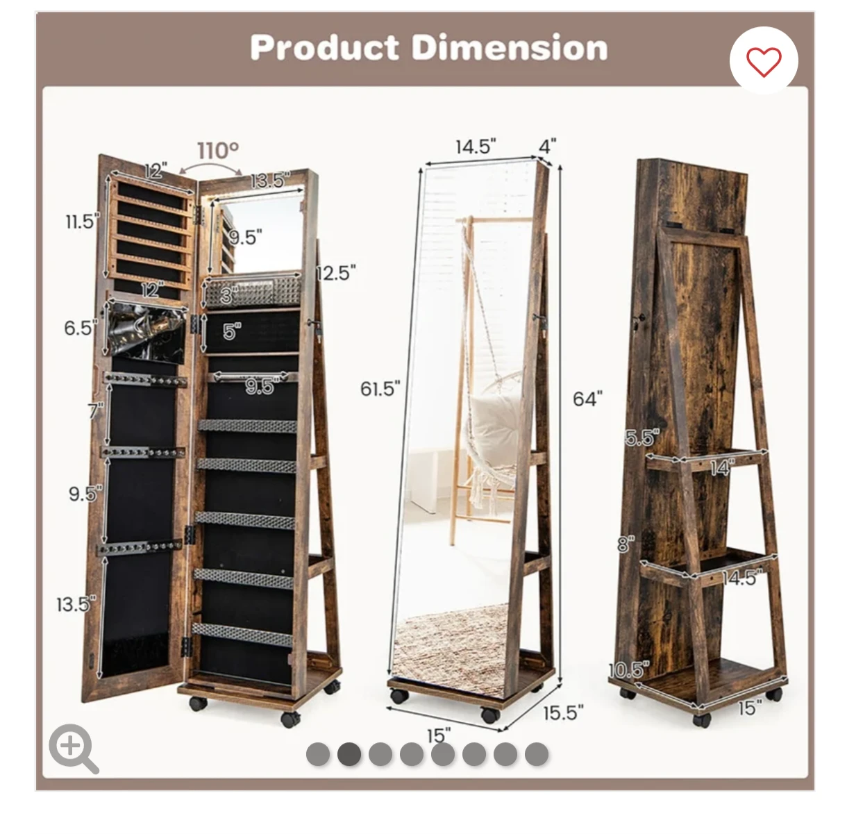 Standing Jewelry Cabinet with Mirror - Brown