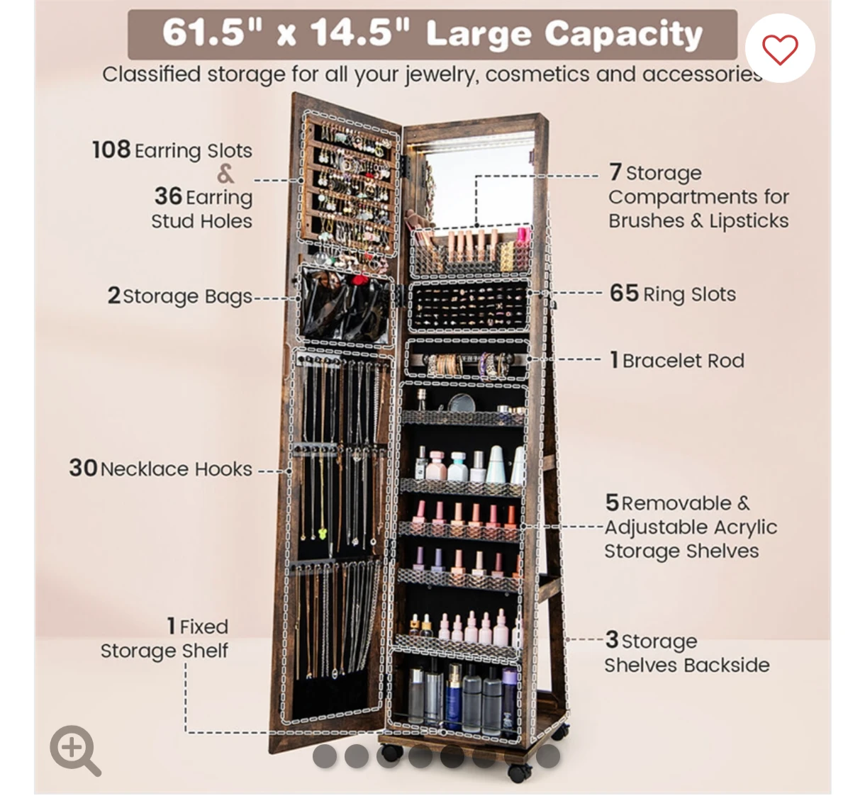 Standing Jewelry Cabinet with Mirror - Brown - photo 2