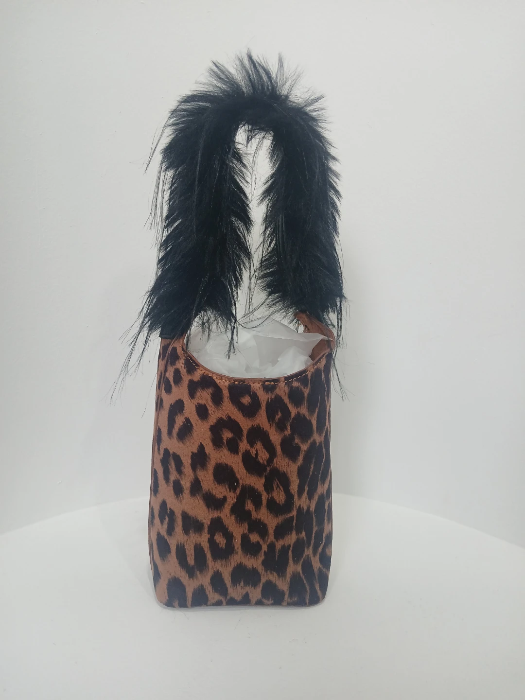 Leopard Print Bag with Black Feather Handle