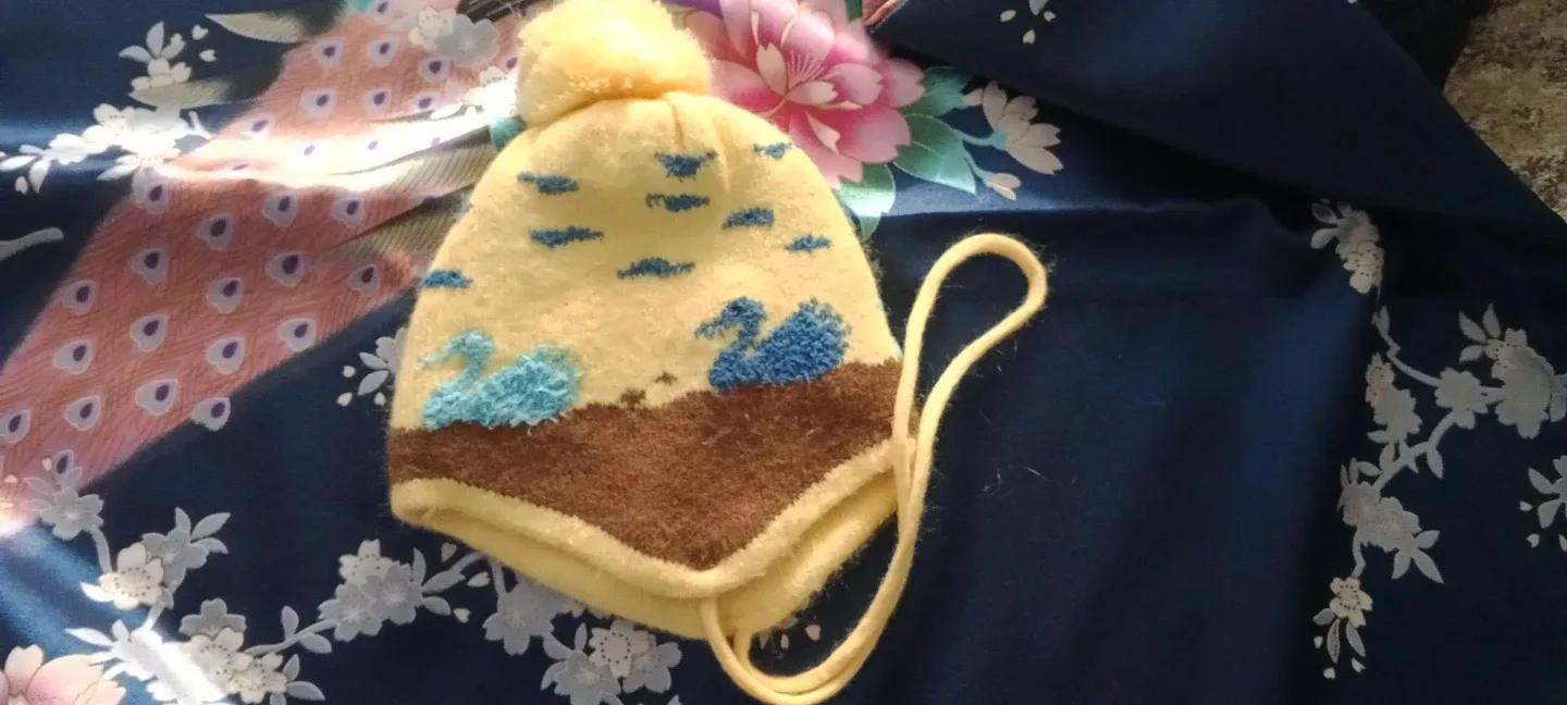 Yellow Knitted Hat with Swans and Pom Pom Poland