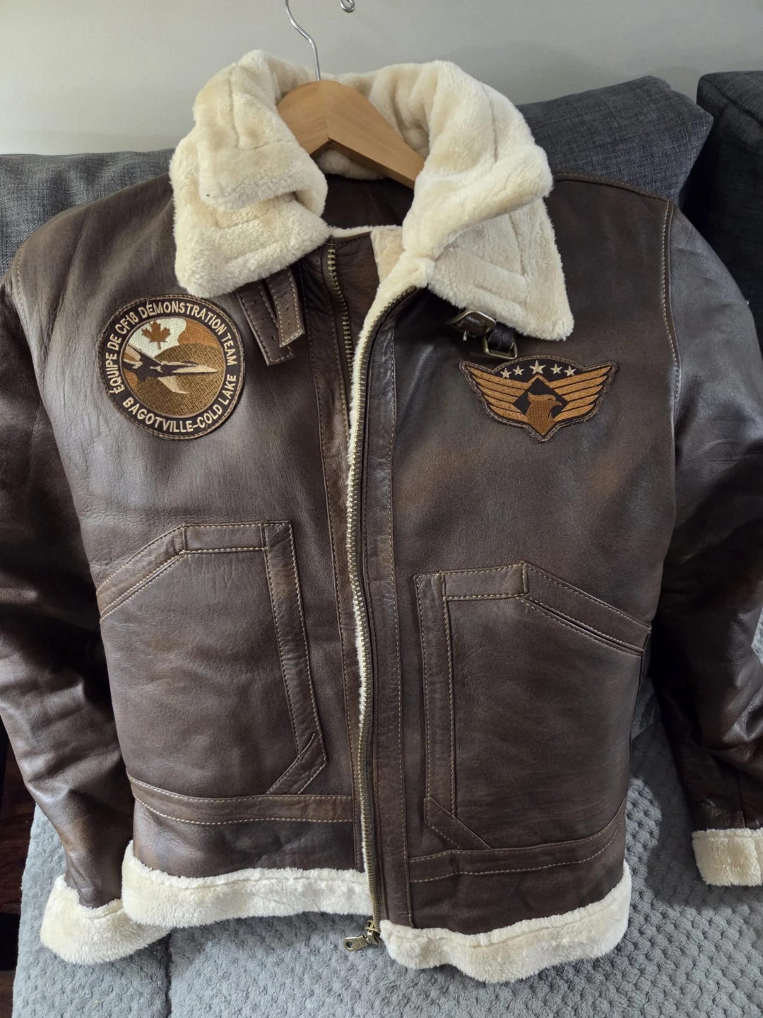 Brown Faux Leather Bomber Jacket with Shearling Collar - photo 5