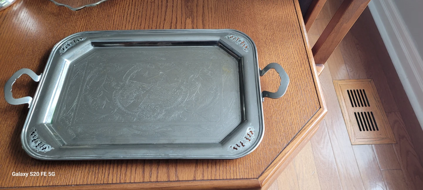 Ornate Silver-Tone Serving Tray with Handles