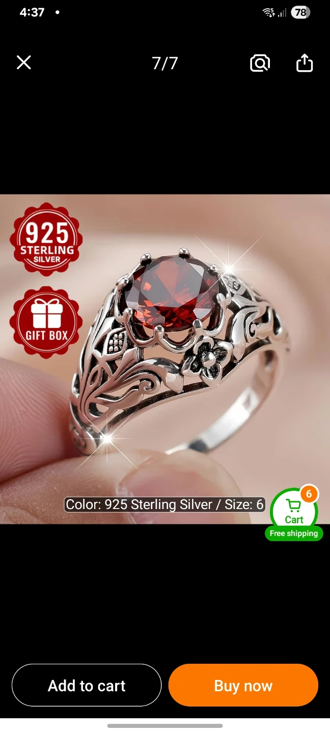 Sterling Silver Tone Ring with Red Gemstone - photo 4
