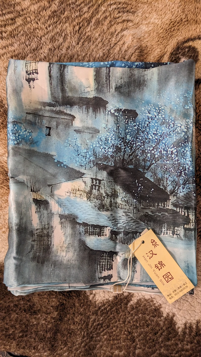 Han Jin Yuan 100% Silk Scarf - Blue Landscape Print
